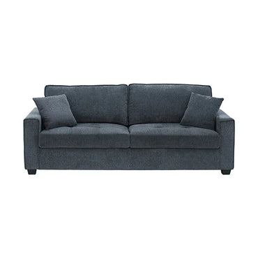 Dark gray modern sofa with two matching throw pillows, minimalist living room furniture