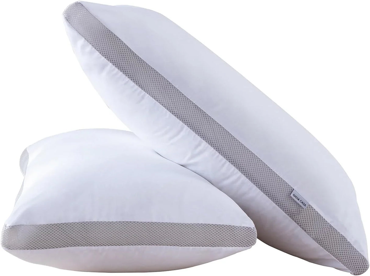 Two white pillows with gray mesh trim, one leaning on the other, modern bedding accessory