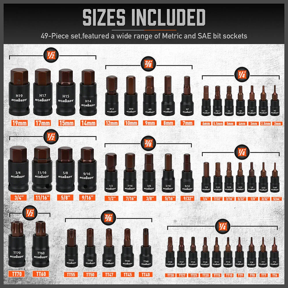 HORUSDY 66pc Torx Bit Socket Set Female External Impact Adapter