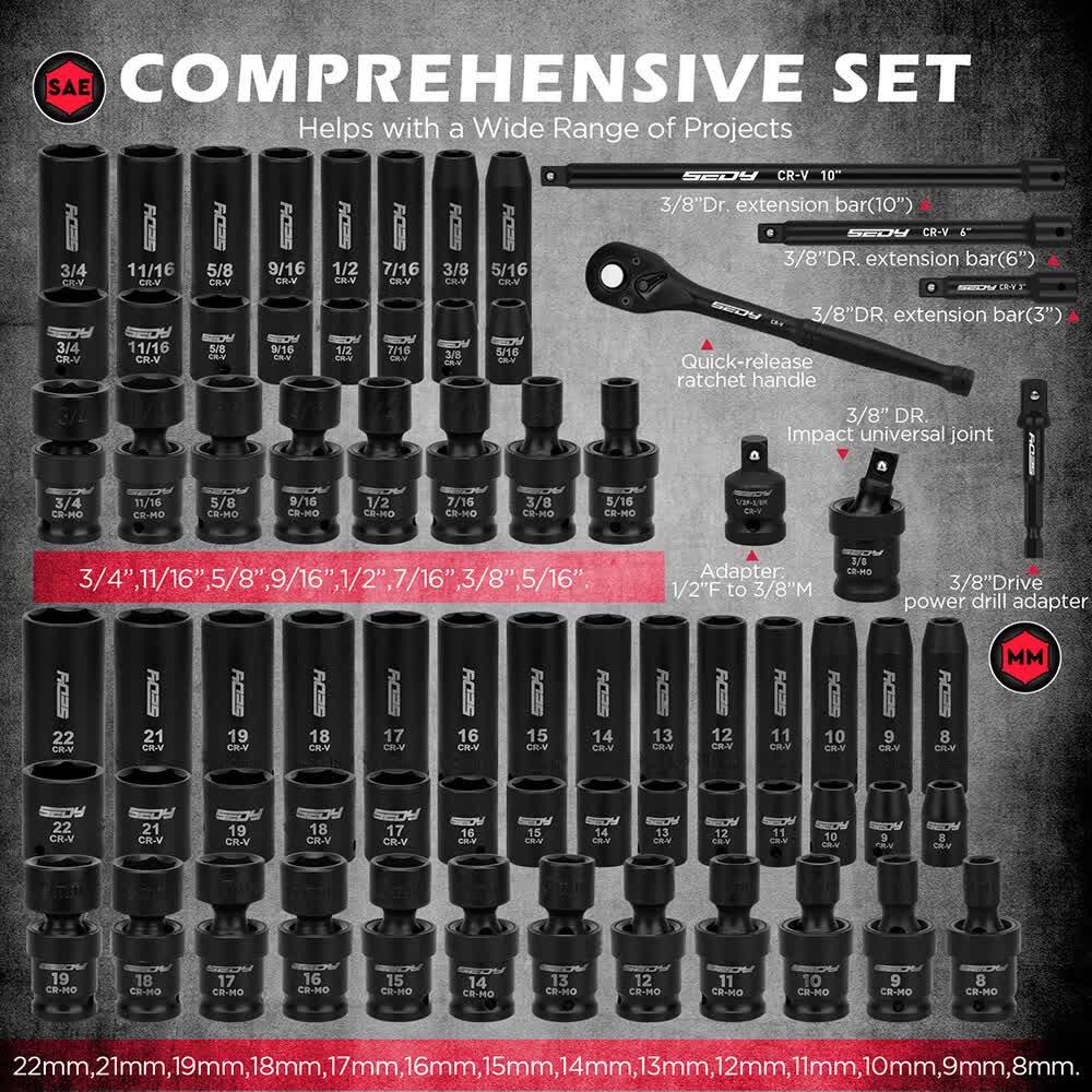 SEDIY comprehensive black SAE and metric socket wrench set with ratchet handle, extension bars, adapters