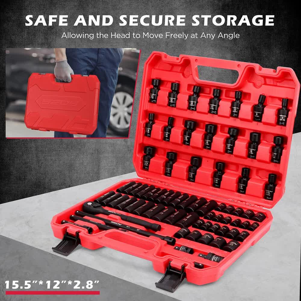 Red tool case with organized black sockets and ratchet wrench set on grey surface