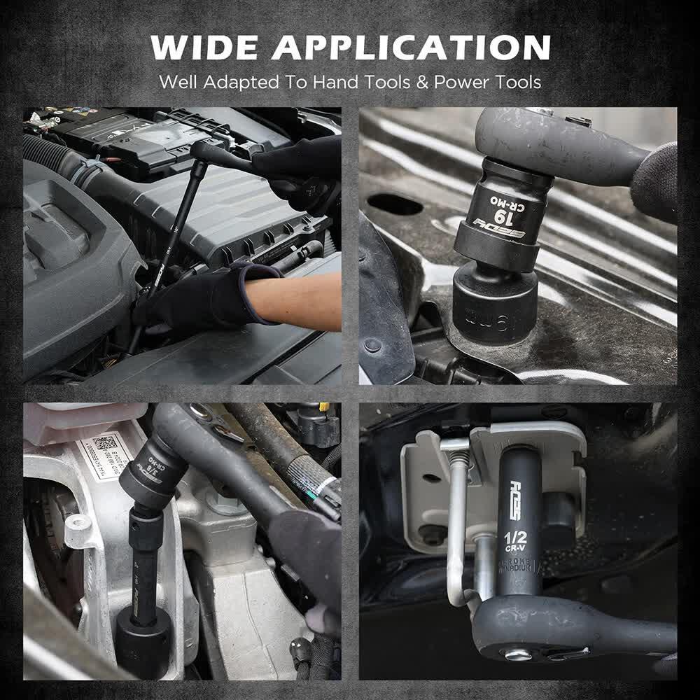 Hand and power tools using CR-MO sockets on car engine parts showing wide application flexibility