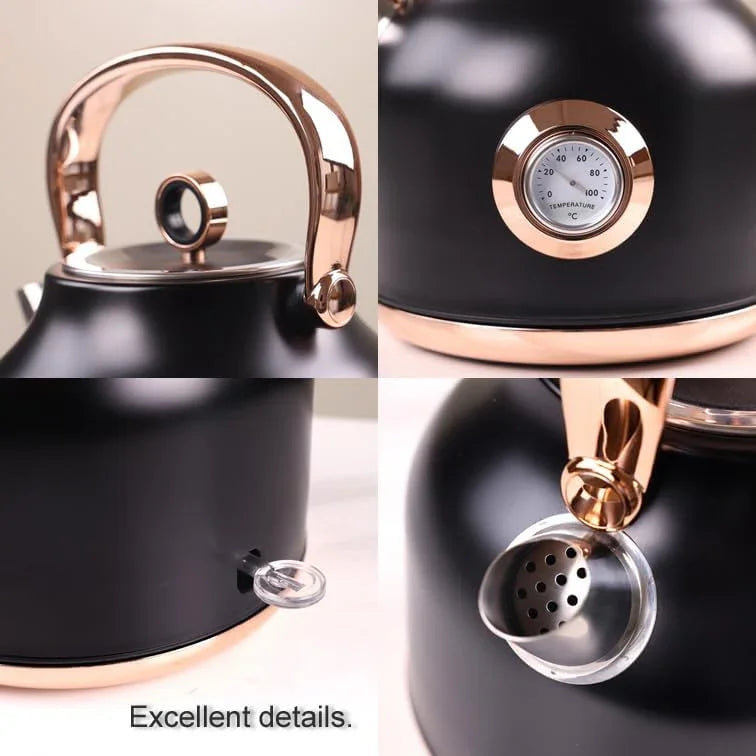 Black kettle with rose gold handle, built-in temperature gauge, spout, and spout cover details