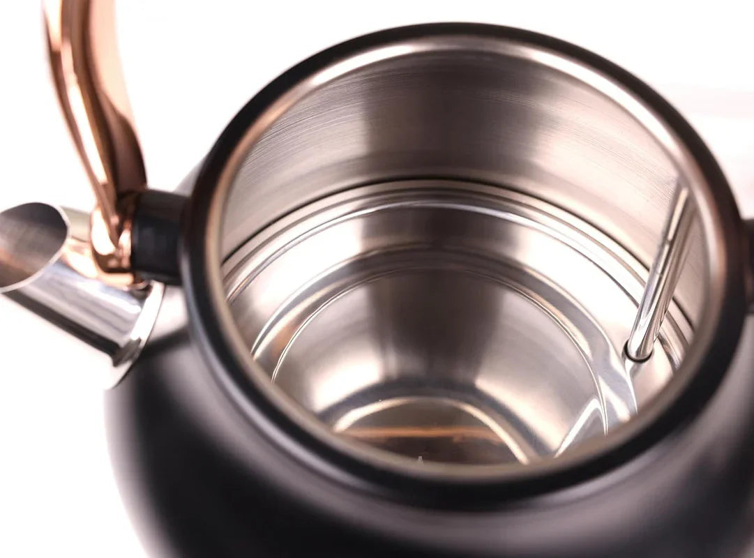 Top view of black electric kettle with stainless steel interior and copper handle