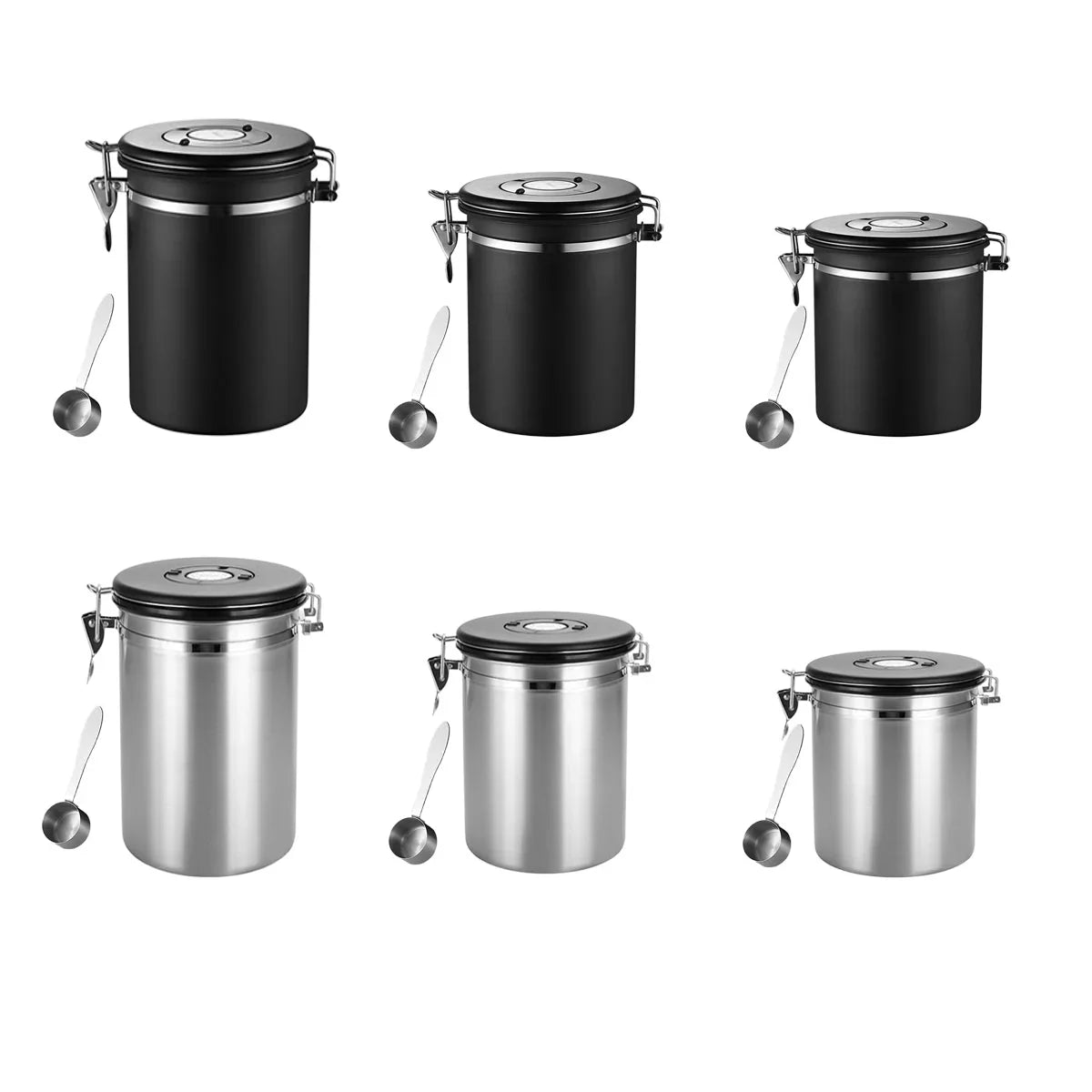 Set of six airtight sealed jars in black and silver with matching scoops, varying sizes