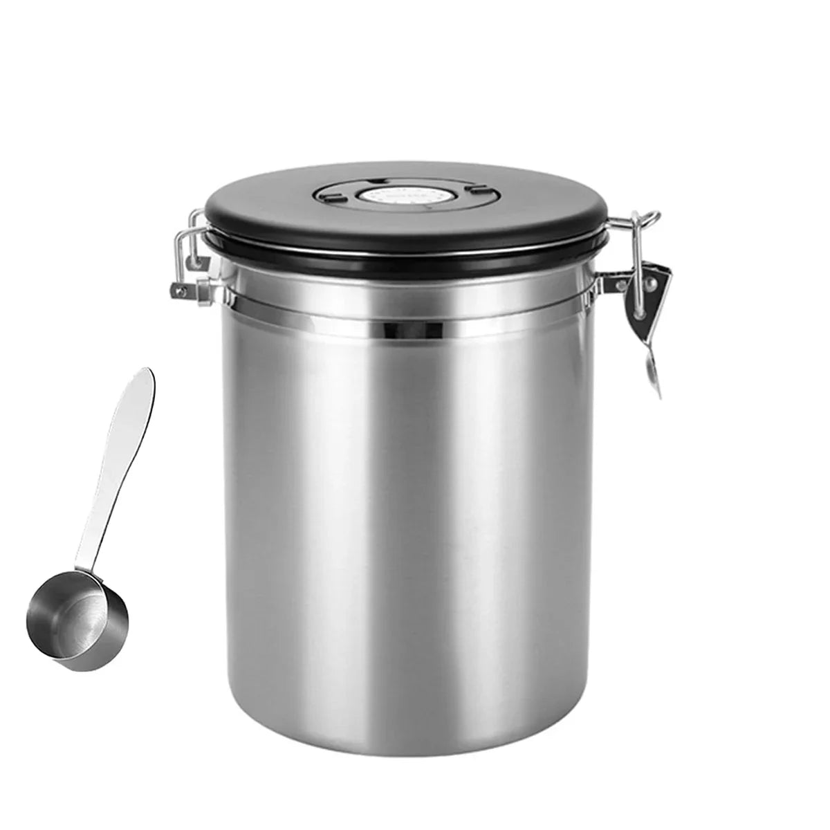 Stainless steel airtight storage jar with black lid and locking clasp, plus a metal measuring scoop