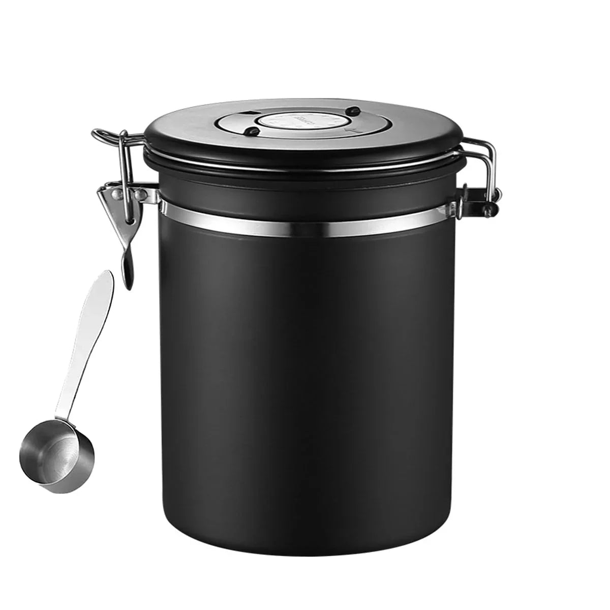Matte black airtight sealed jar with metal clamp lid and attached stainless steel measuring scoop