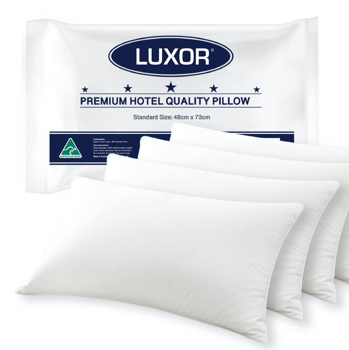 Luxor premium hotel quality white pillows with packaging and Australian made label