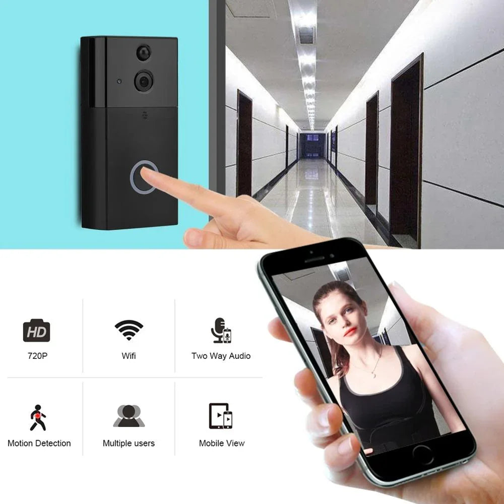 Smart WiFi Video Doorbell Night Vision Motion Detection Black