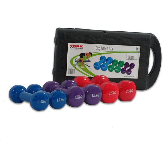 York Fitness 10kg dumbbell set with blue, purple, red weights and black carrying case