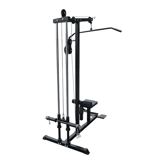 Black lat pulldown machine with seat and weight plate holders, gym equipment on black background