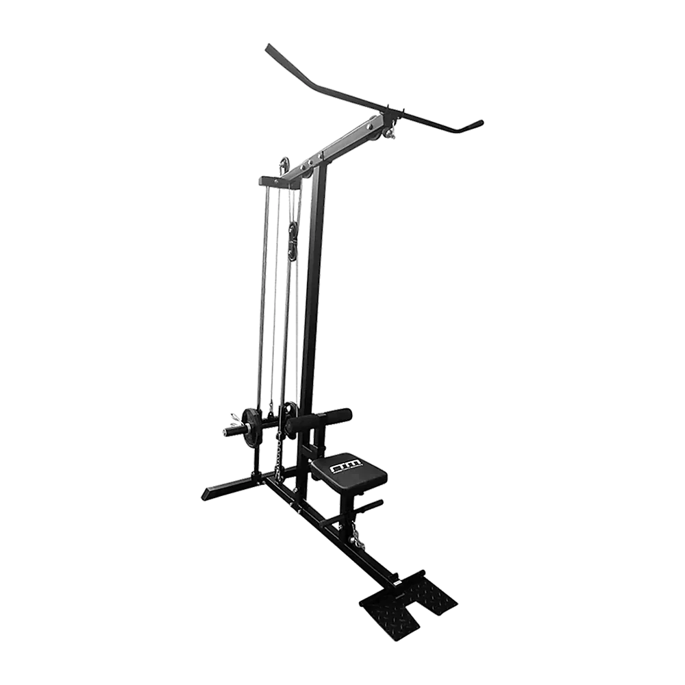Lat pulldown and low row machine with black frame, chrome guides on white background