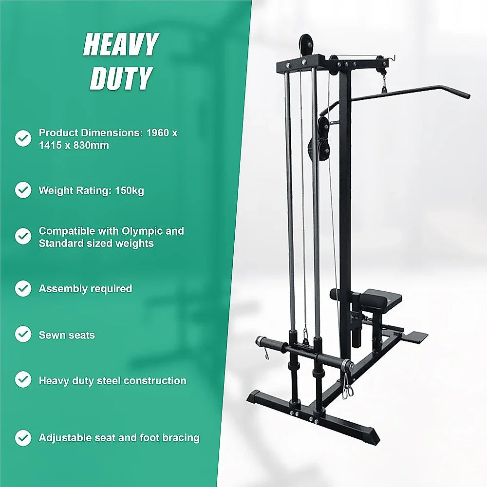 Heavy duty steel lat pulldown gym machine with adjustable seat, foot bracing, and pulley system.