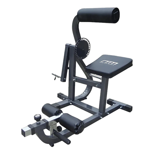 Black sissy squat machine with padded seat and rollers for leg exercise