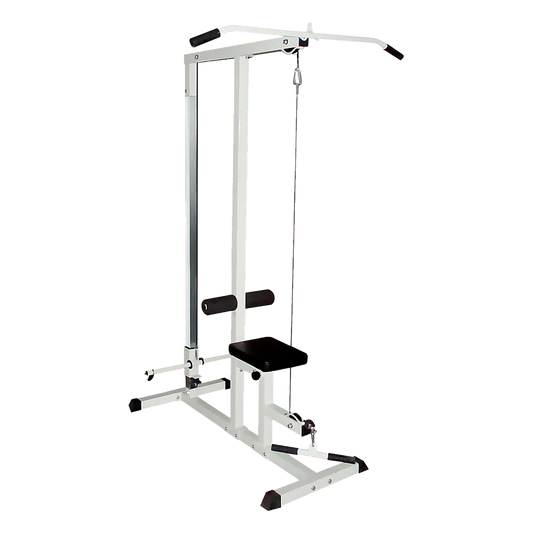Lat pulldown machine with white frame and black seat for home gym strength training