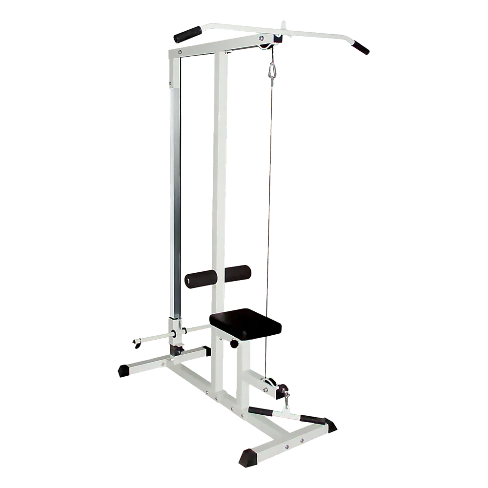 Lat pulldown machine with white frame and black seat for home gym strength training