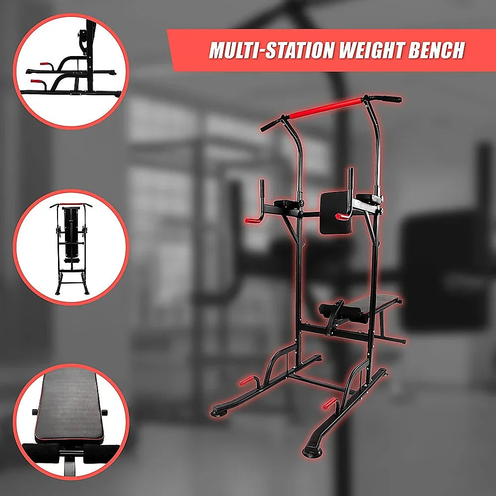 Multi-station weight bench with pull-up bar and padded backrest in gym setting