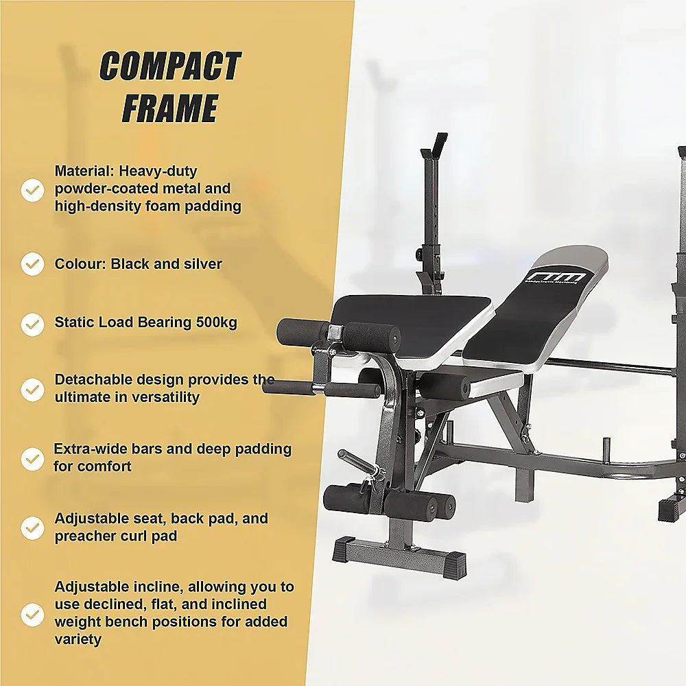 Adjustable black and silver weight bench with compact frame and comfort padding features