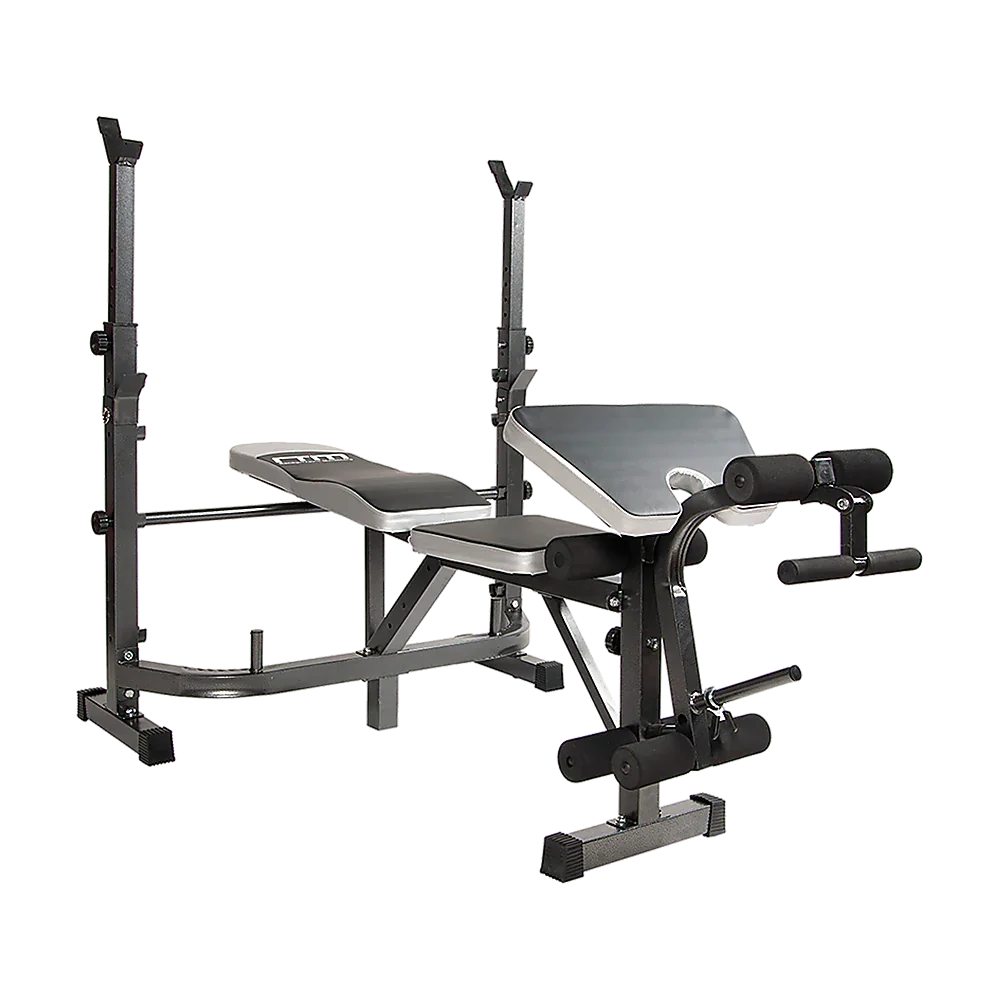 Adjustable weight bench with leg developer and preacher curl pad for home gym workouts