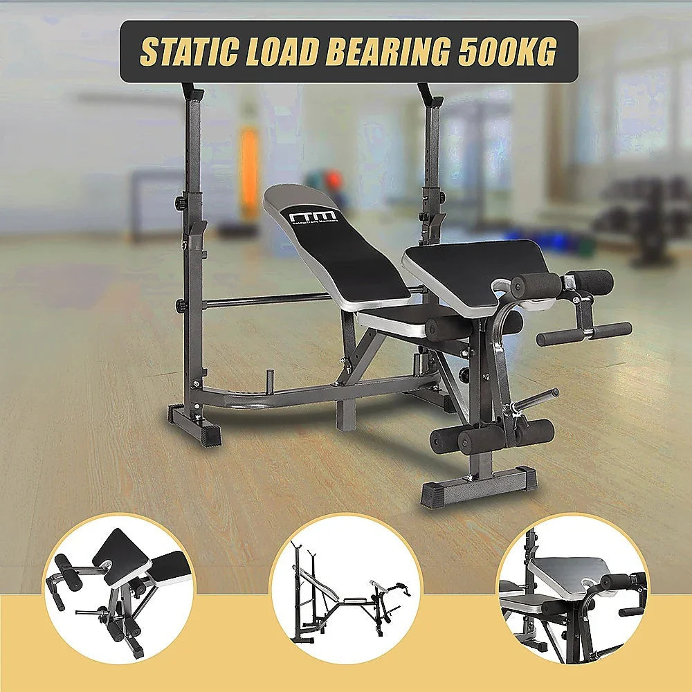 Adjustable weight bench press rack with leg curl in home gym, supports 500kg load.