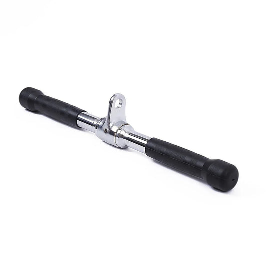 Chrome cable attachment straight bar with black rubber grips for gym equipment