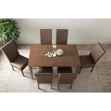 Brown dining table set with six chairs on rug, minimalist decor, modern dining room