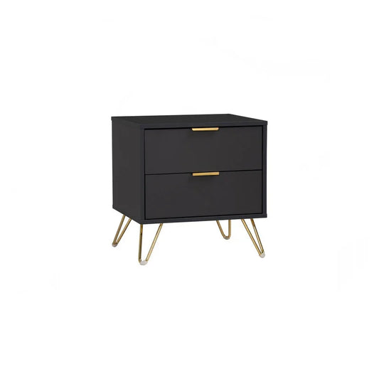 Modern black nightstand with two drawers and gold metal legs and handles