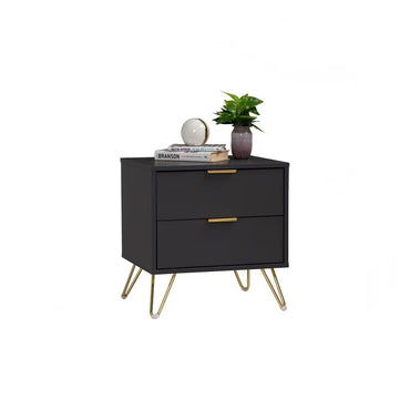 Modern black nightstand with gold handles, hairpin legs, books, lamp, and potted plant