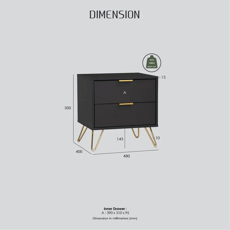 Black modern nightstand with gold legs, two drawers, and labeled dimensions in millimeters