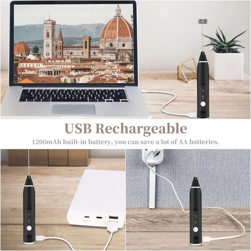 USB rechargeable black electric cleaning brush with 1200mAh battery charging from laptop, power bank, and wall outlet