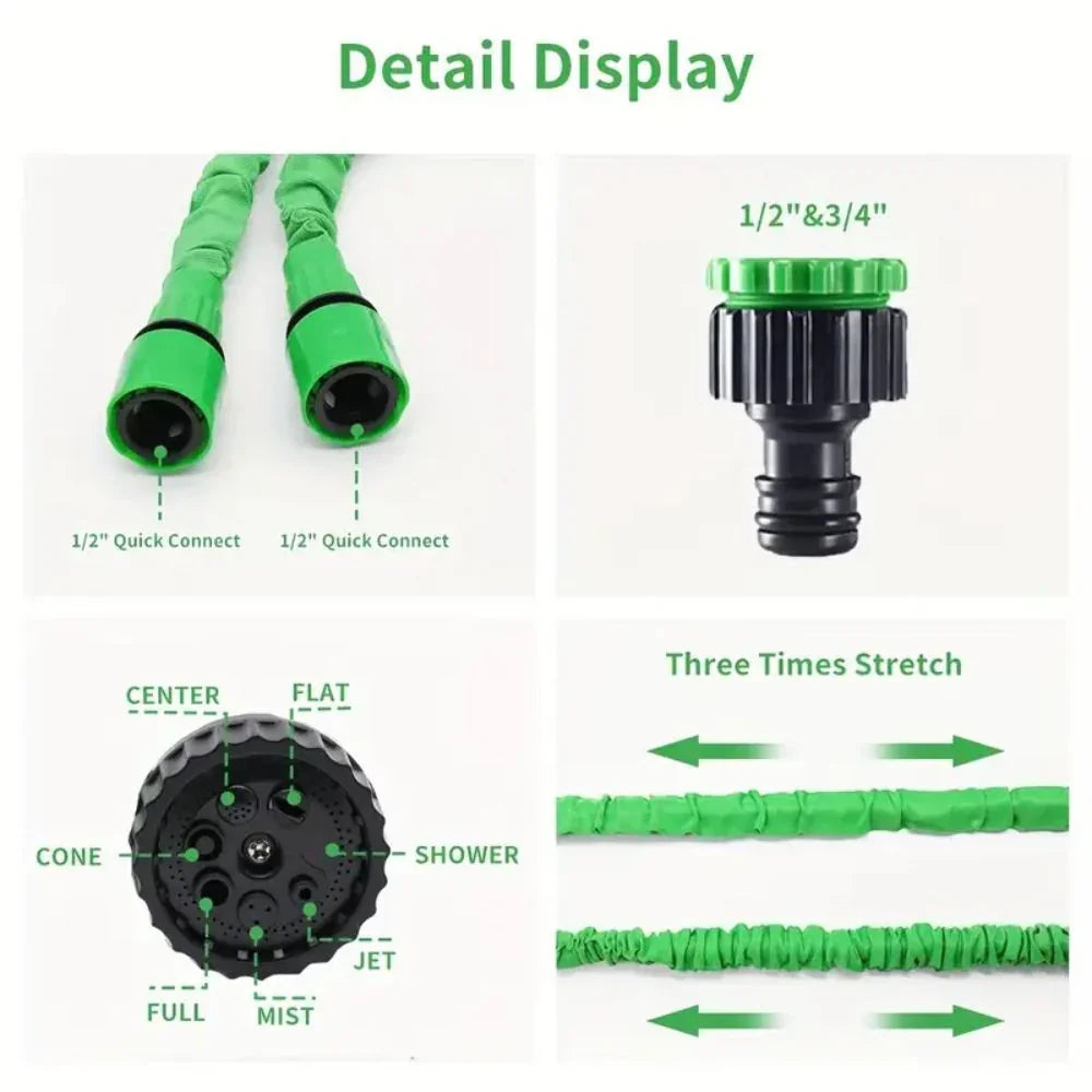 Green expandable garden hose with 1/2 inch quick connect fittings and multi-function spray nozzle showing seven spray modes