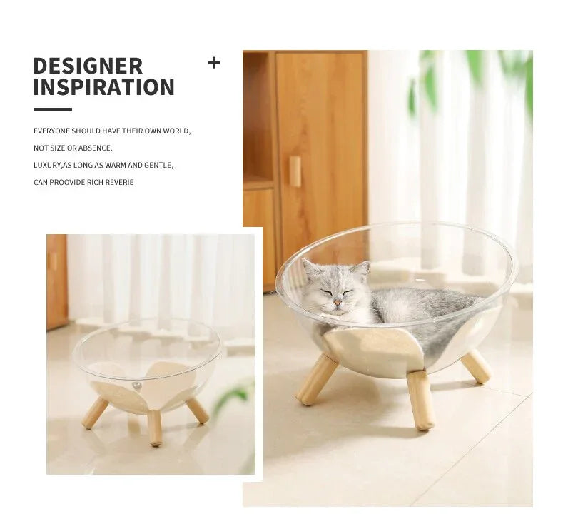 Luxury Transparent Cat Bed - Wooden Legs Acrylic Pet Nest