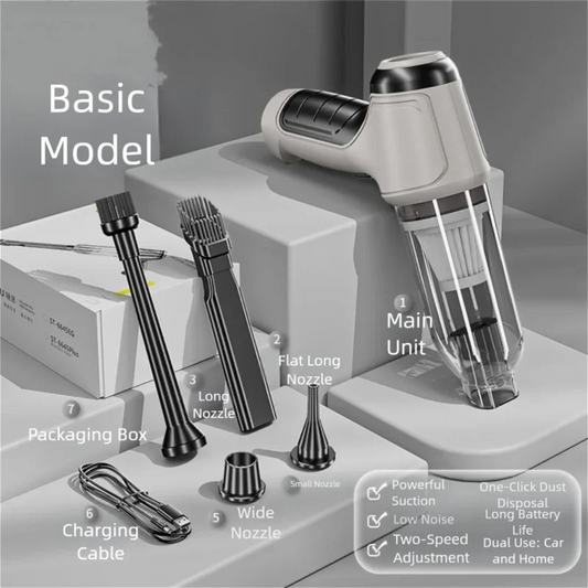 Handheld cordless vacuum cleaner with multiple nozzles, charging cable, and packaging box.
