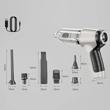 Cordless handheld vacuum cleaner with USB cable and six nozzle attachments, measurements shown.