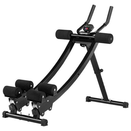 Black adjustable ab exercise machine with foam rollers and digital display on white background