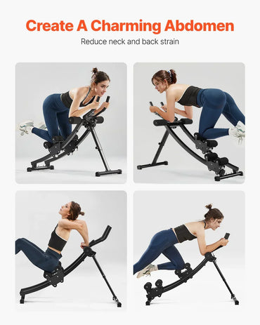 Woman using adjustable ab workout machine for core and abdominal exercise at home