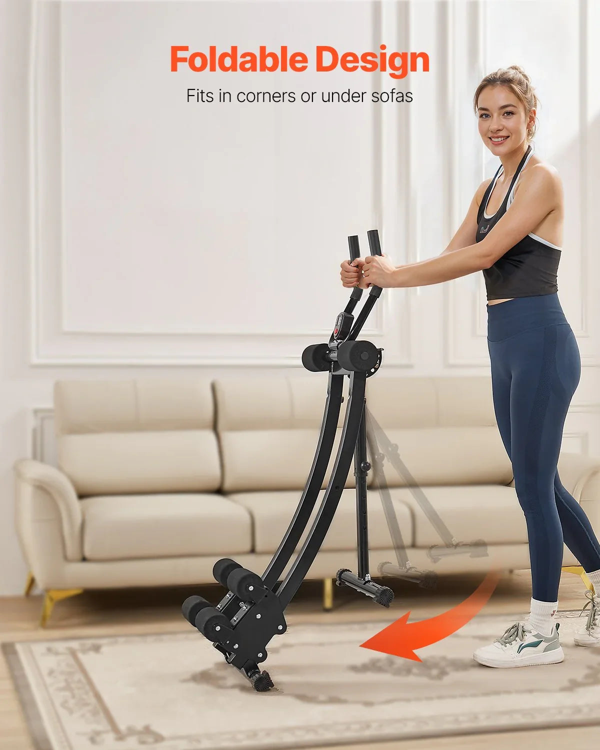 Woman demonstrates foldable exercise stepper, compact for home gym storage in living room.