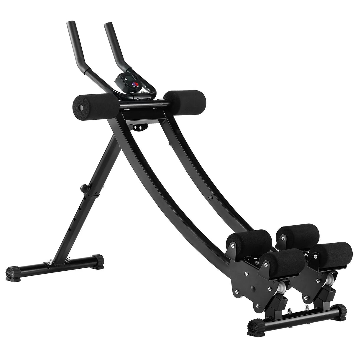 Black adjustable ab exercise machine with foam rollers and digital display on white background