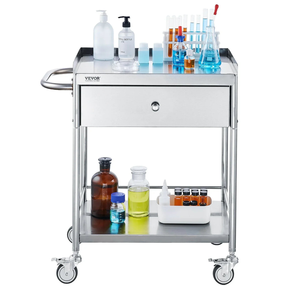VEVOR Medical Cart, 2 Layer stainless Steel Cart100 kg Weight Capacity Utility Cart Silent Wheels and a Drawer for Lab, Clinic, kitchen, Salon