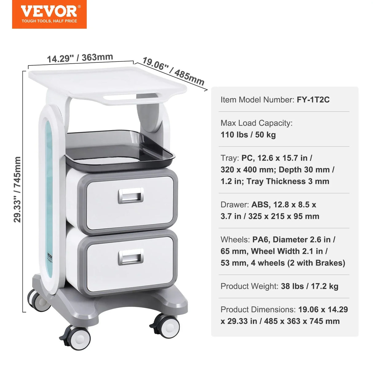 VEVOR 3 Tiers Lab Carts, Lab Utility Cart with 2 Drawers & 1 Top Tray, Mobile Medical Cart with ABS Material, Lab Rolling Cart with 4 Silent Wheels for Lab, Clinic, Hospital, Salon, White
