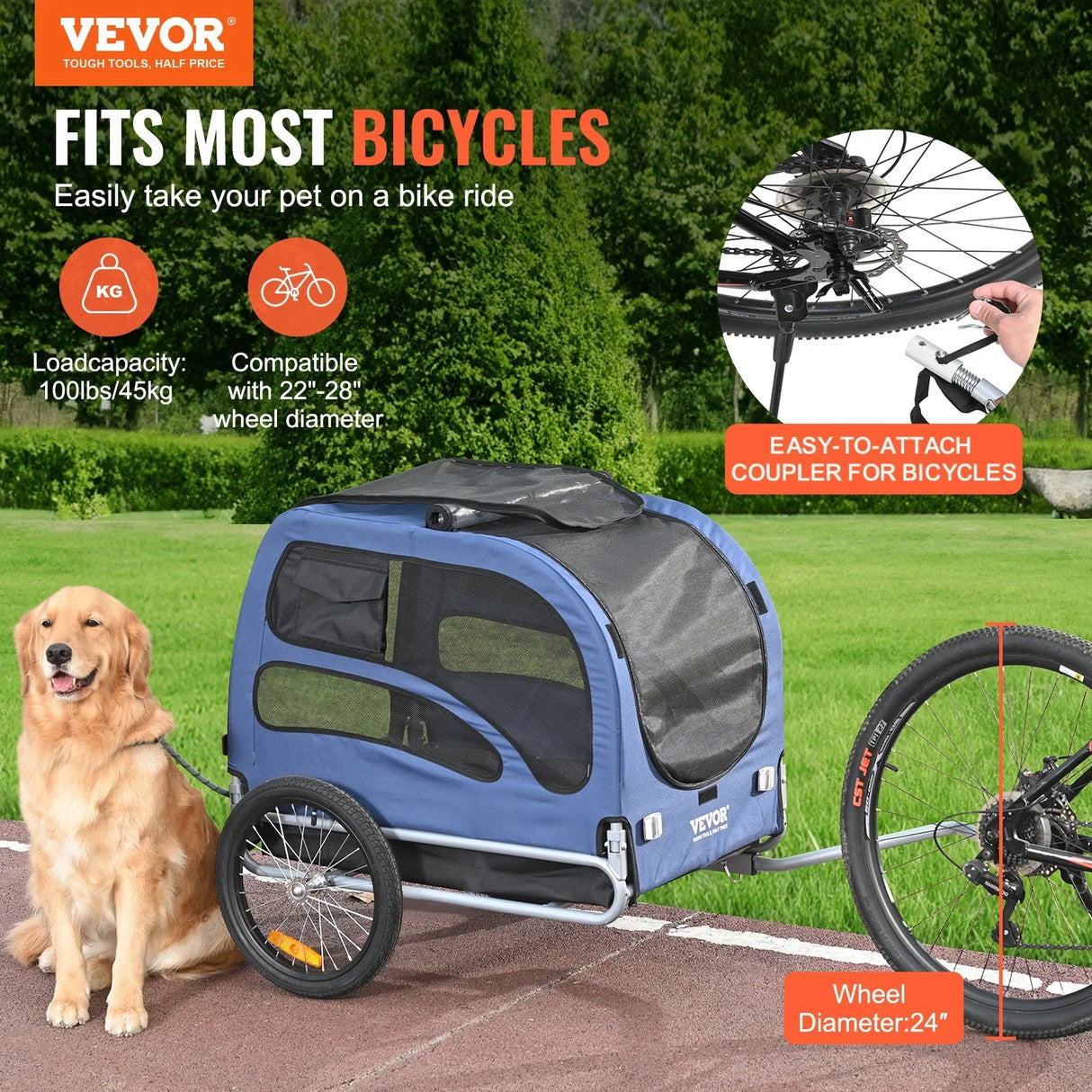 VEVOR Dog Bike Trailer, Supports up to 45 kg, Pet Cart Bicycle Carrier, Easy Folding Frame with Quick Release Wheels, Universal Bicycle Coupler, Reflectors, Flag, Collapsible to Store, Blue/Black