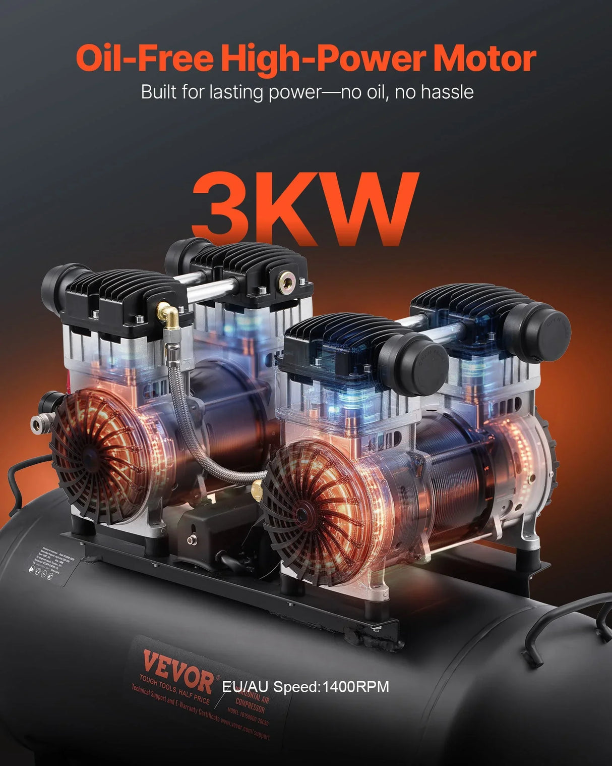 VEVOR 75L Air Compressor Professional Oil-Free 90 PSI Heavy-Duty