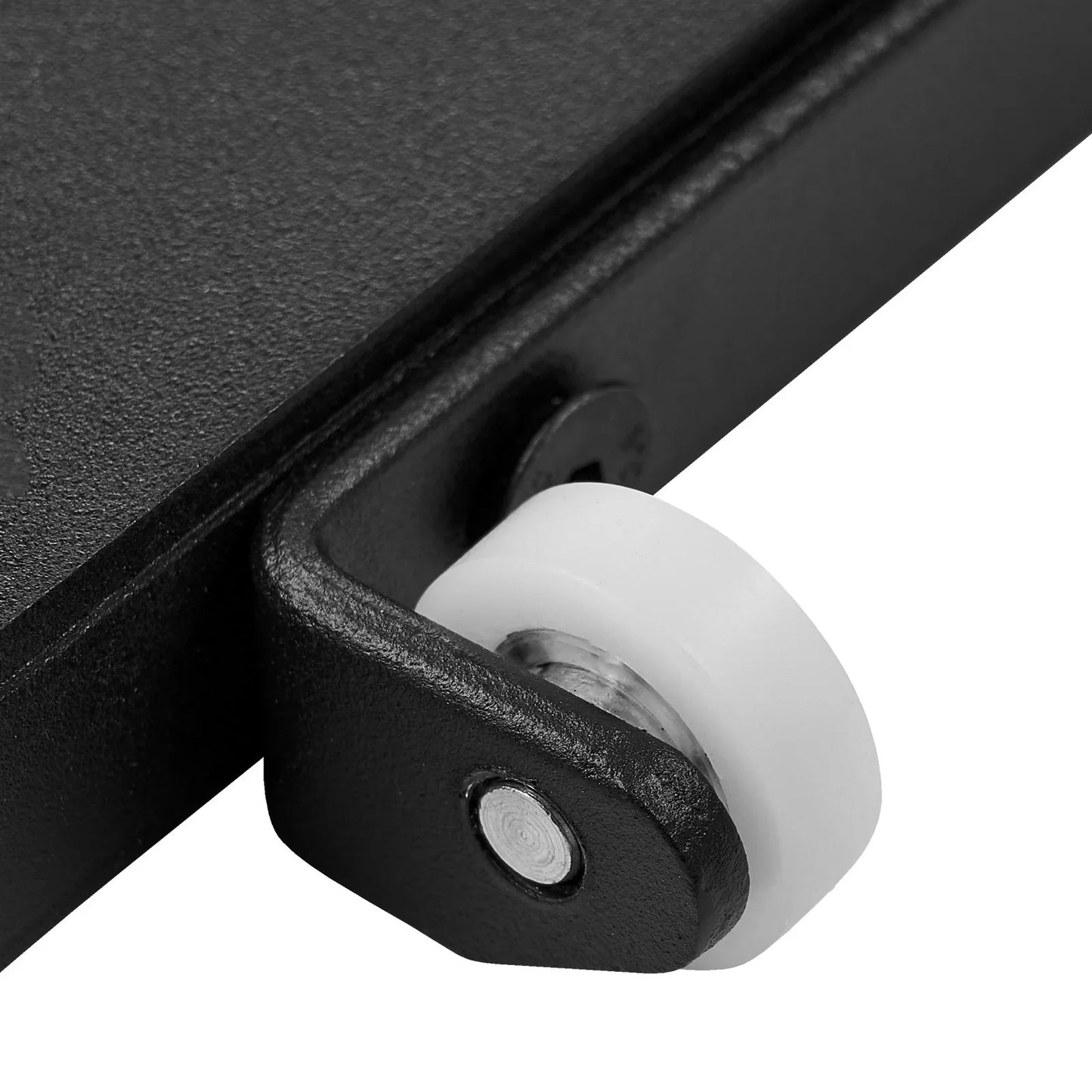Close-up of a black metal bracket with a white nylon sliding door roller