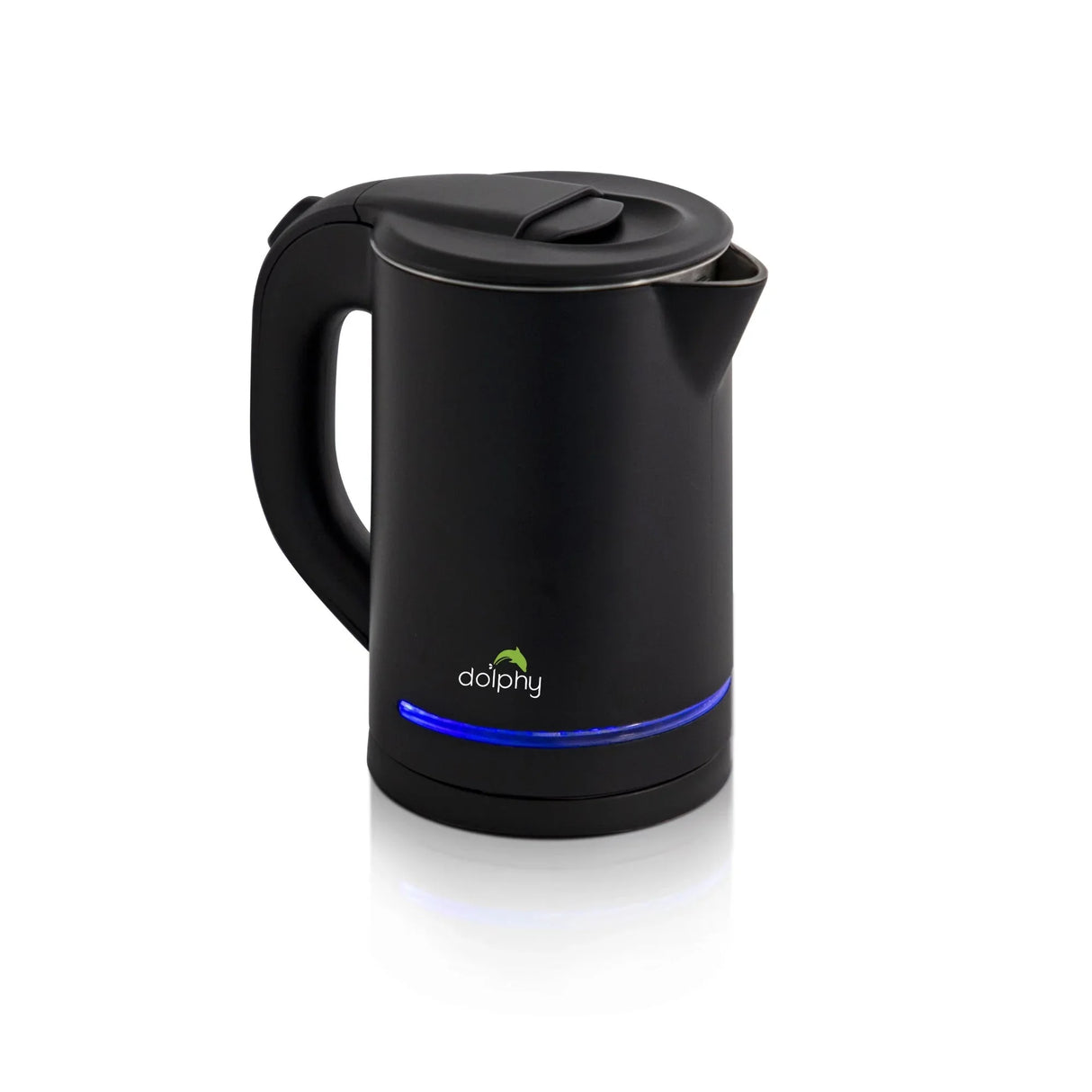 Black electric kettle with handle and blue LED indicator light on white background