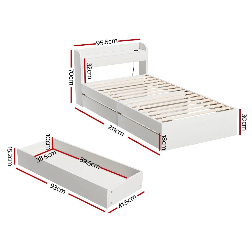 White wooden platform bed frame with storage drawers and detailed dimension measurements