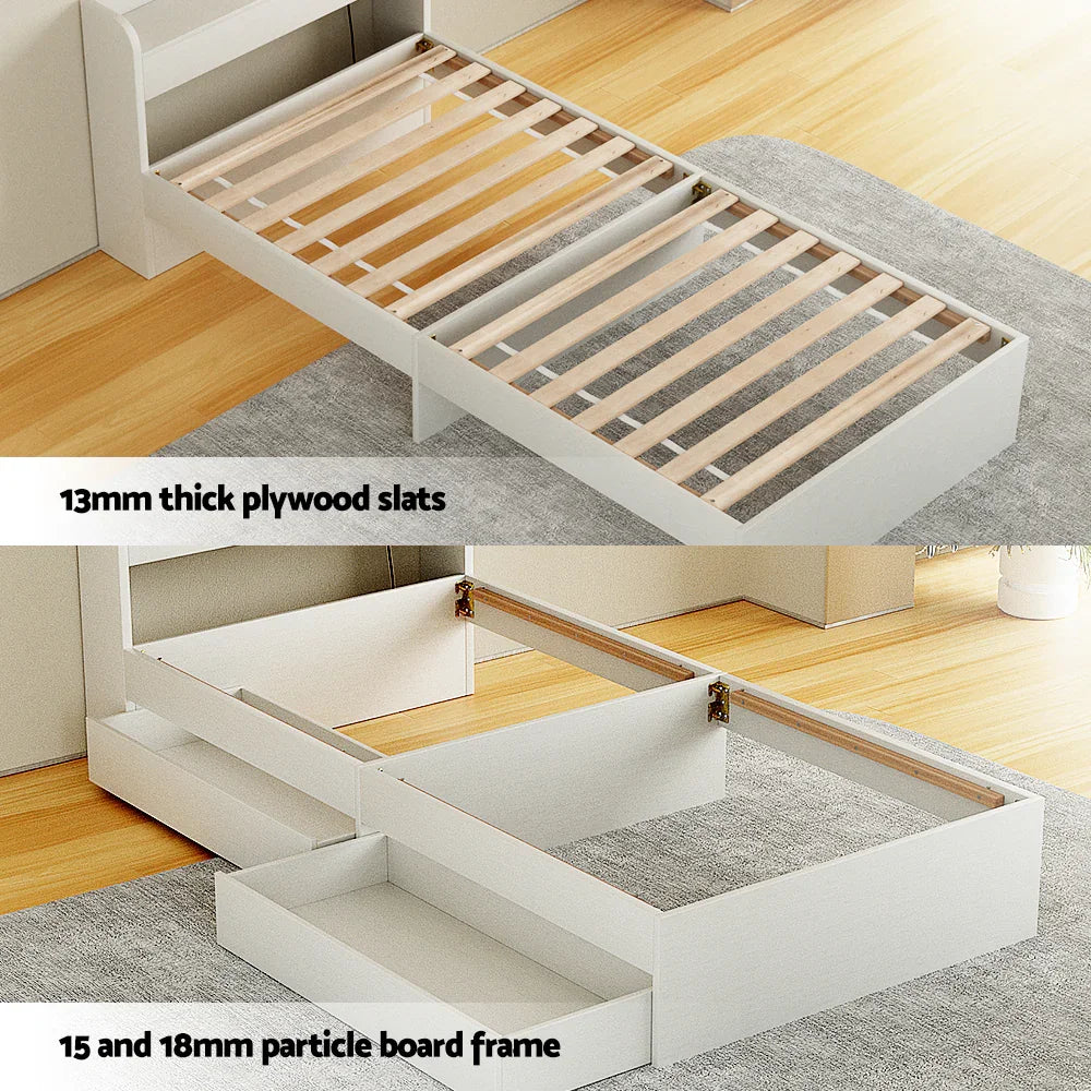 White wooden bed frame with 13mm plywood slats and 15-18mm particle board frame, on wooden floor and gray rug