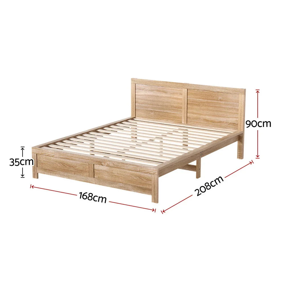 Wooden bed frame with slatted base and panel headboard in oatmeal finish, dimensions labeled