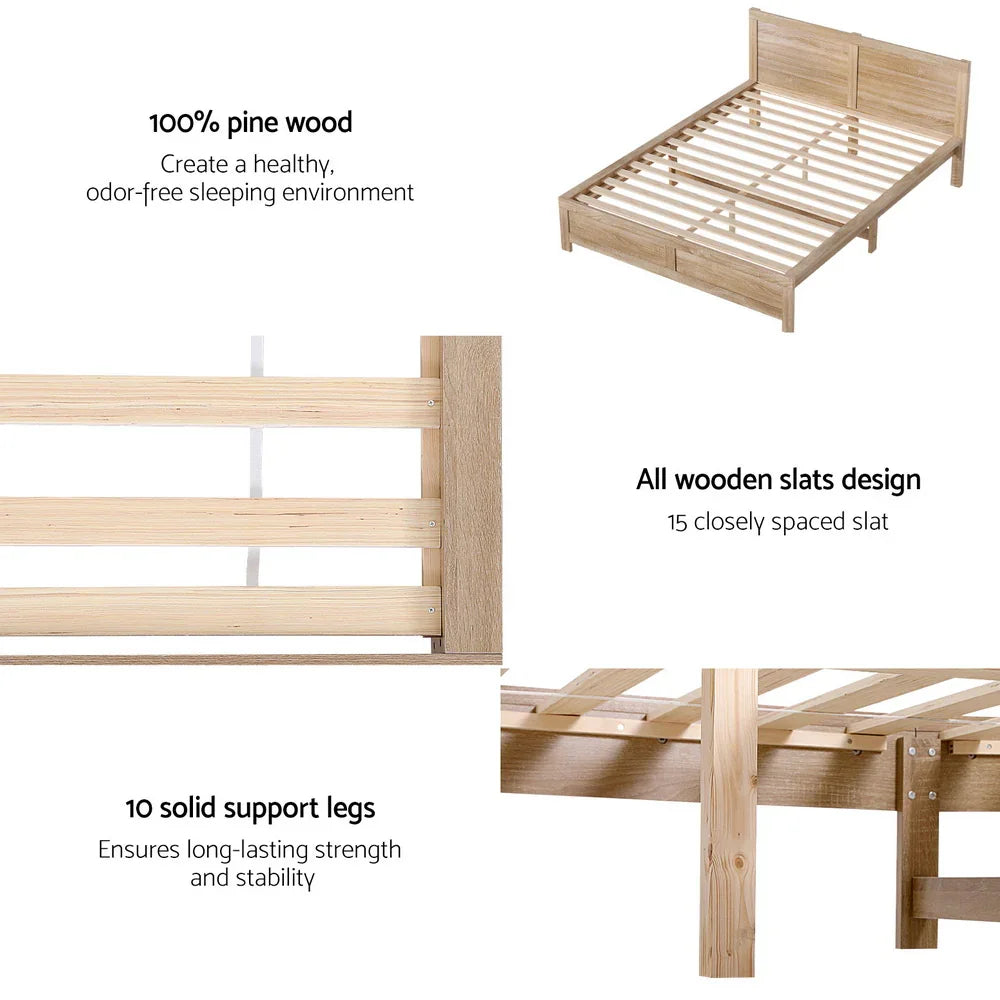 Natural pine wood bed frame with wooden slats and 10 solid support legs for stability