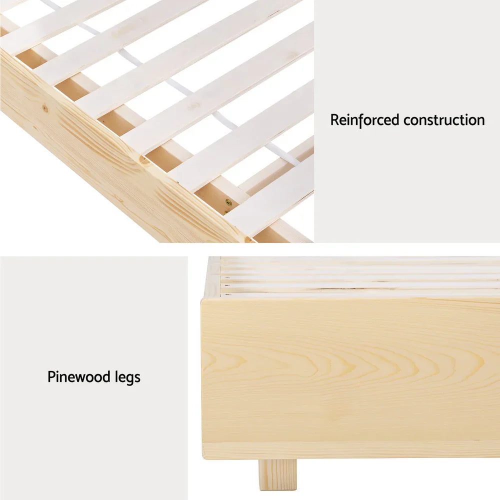 Close-up of wooden bed frame with reinforced construction and natural pinewood legs