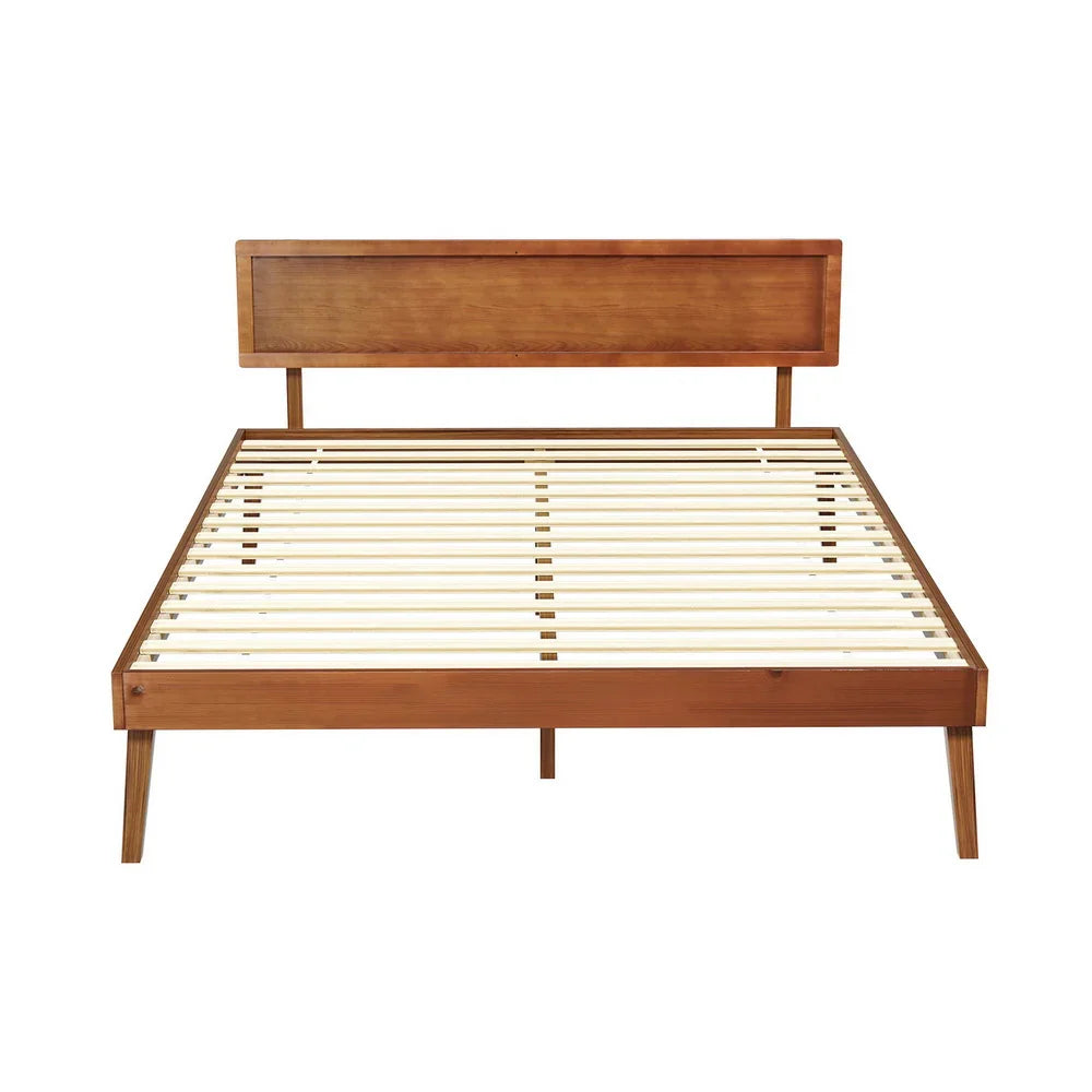 Mid-century modern wooden bed frame with slatted base and rectangular headboard
